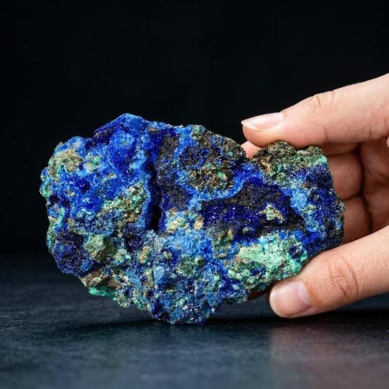 Raw azurite with malachite — deep blue crystalline crust with green