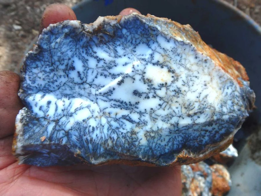 Dendritic opal — milky blue-white stone with black branching fronds