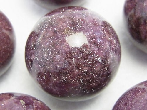 Lepidolite spheres — lilac purple with sparkling mica flecks