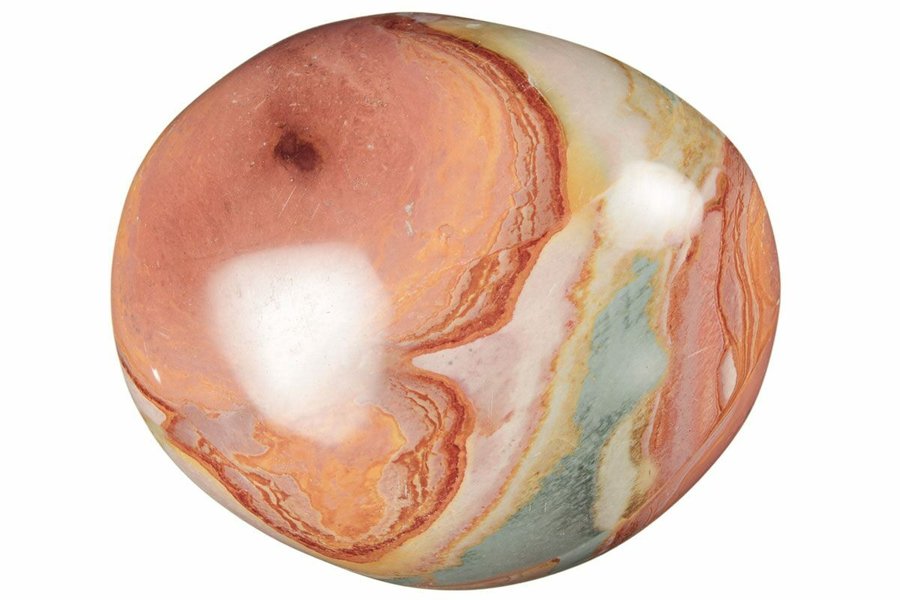 Polychrome jasper palm stone — swirled terracotta, peach, cream and sage bands
